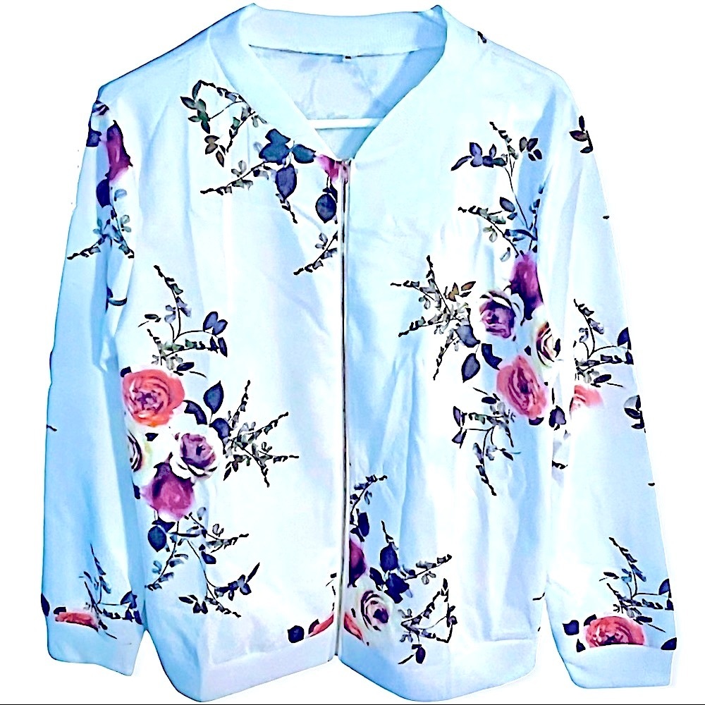 Jacket zipper • Pink Peonies floral • White • Large